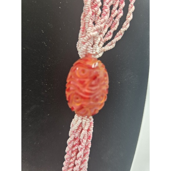 Vintage Multi-Strand Pink & White Seed Bead Necklace with Carved Cinnabar Focal - Picture 3 of 9